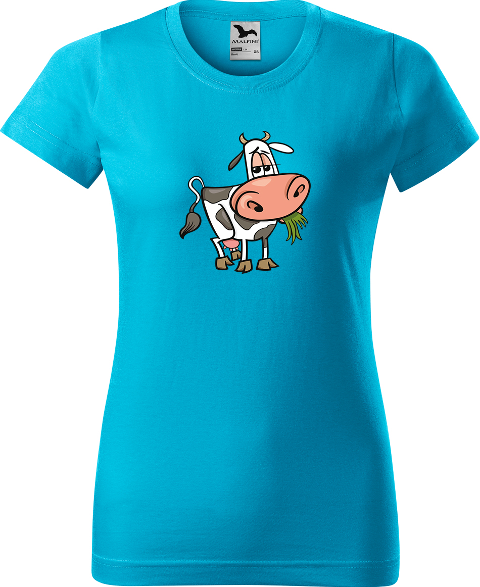 Dámské tričko s krávou - Obrázek spokojené krávy Velikost: S, Barva: Tyrkysová (44), Střih: dámský
