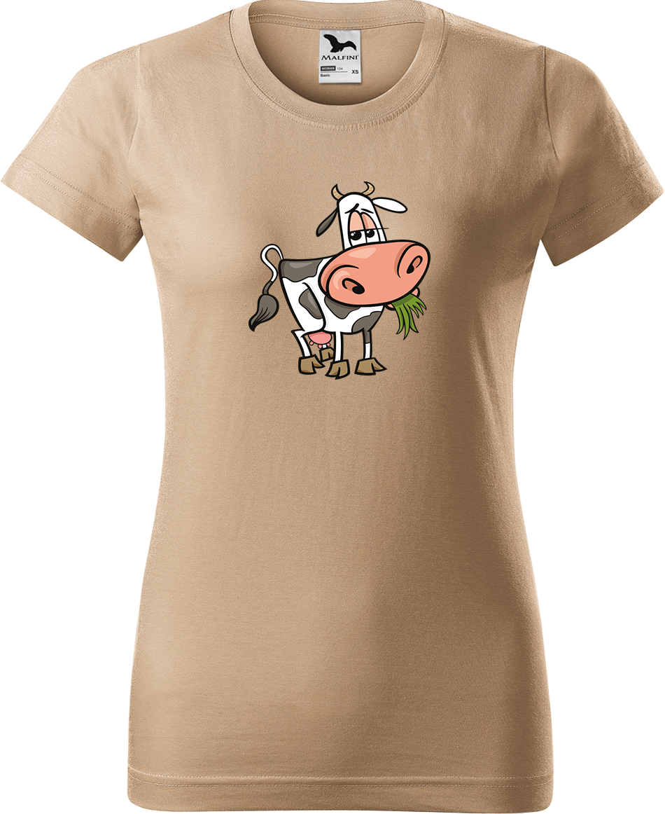 Dámské tričko s krávou - Obrázek spokojené krávy Velikost: S, Barva: Béžová (51), Střih: dámský