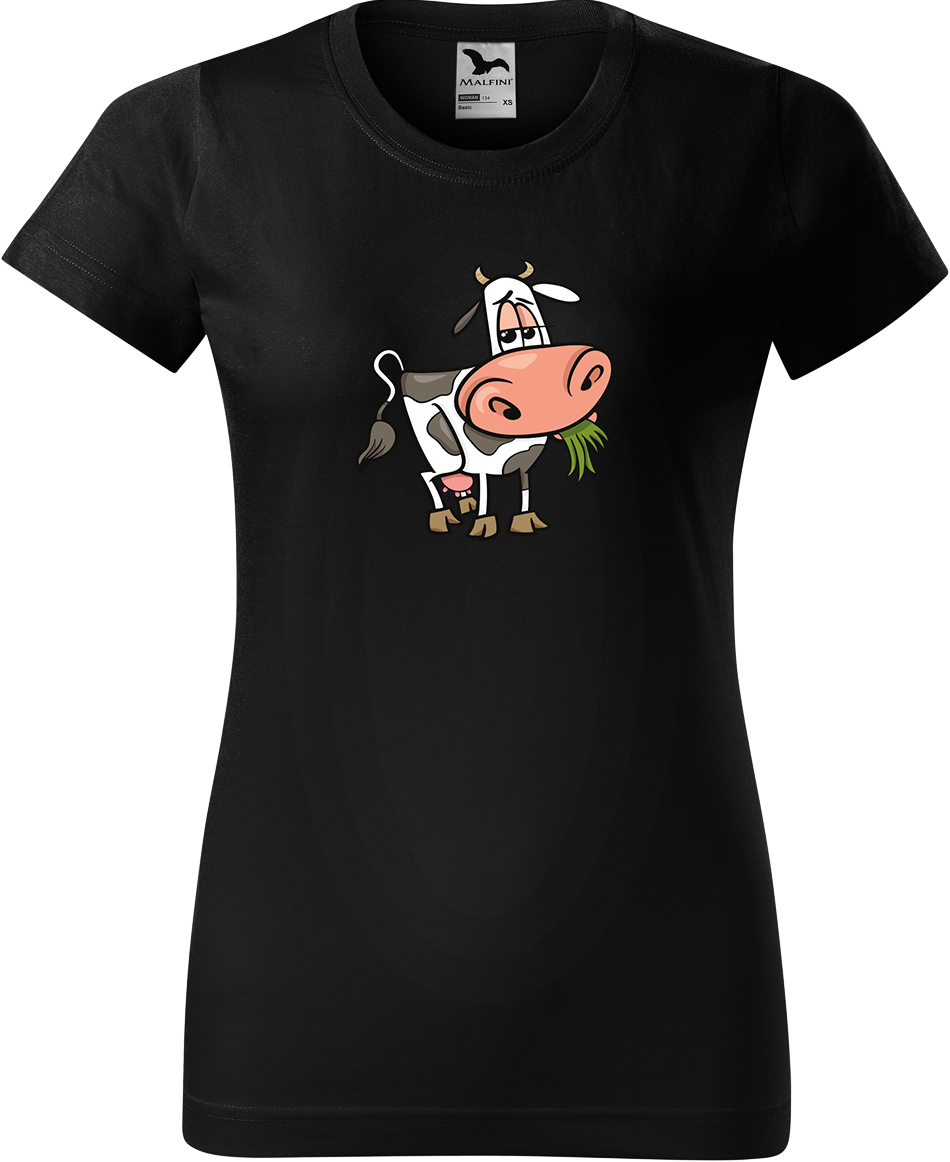 Dámské tričko s krávou - Obrázek spokojené krávy Velikost: M, Barva: Černá (01), Střih: dámský