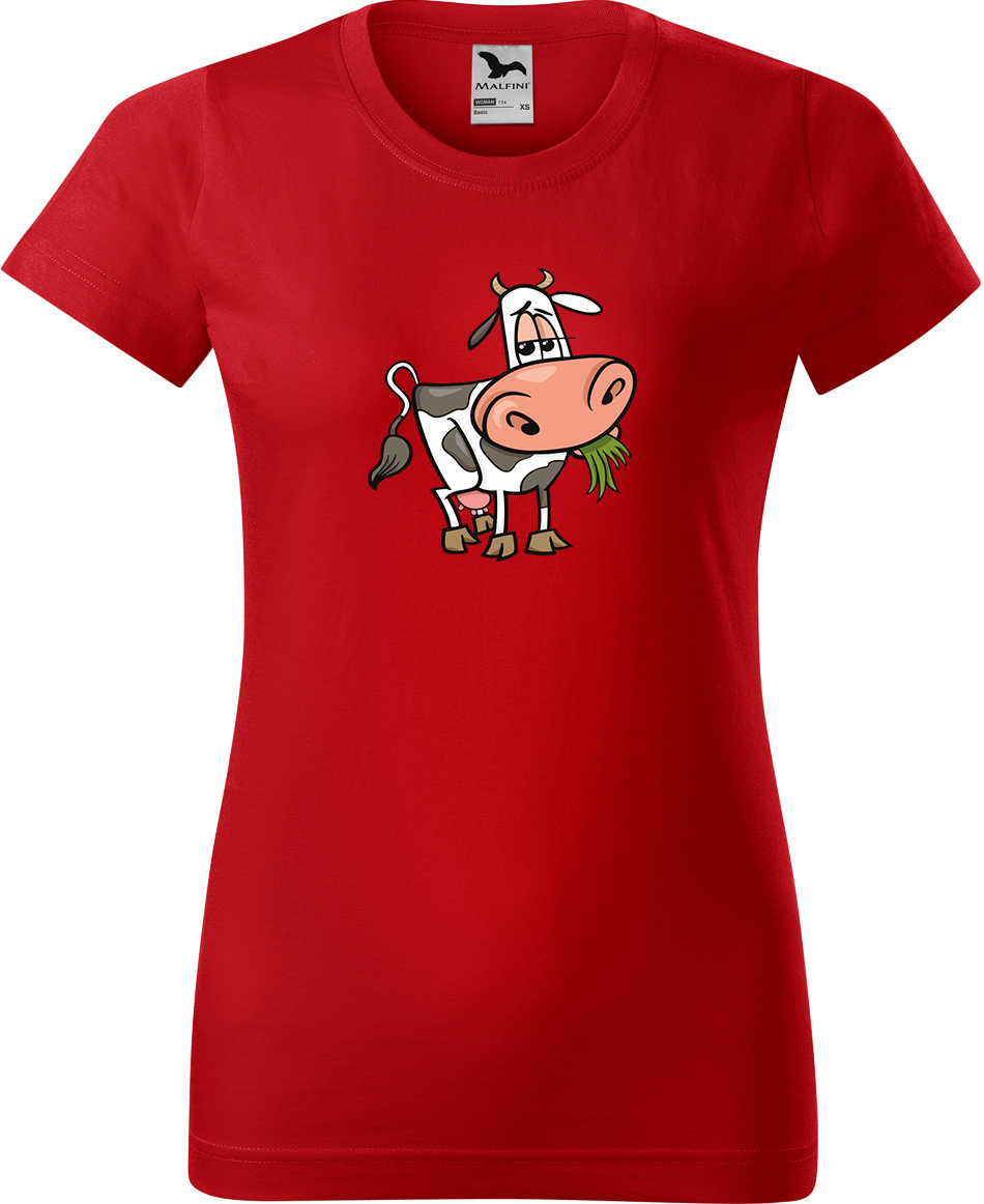 Dámské tričko s krávou - Obrázek spokojené krávy Velikost: L, Barva: Červená (07), Střih: dámský