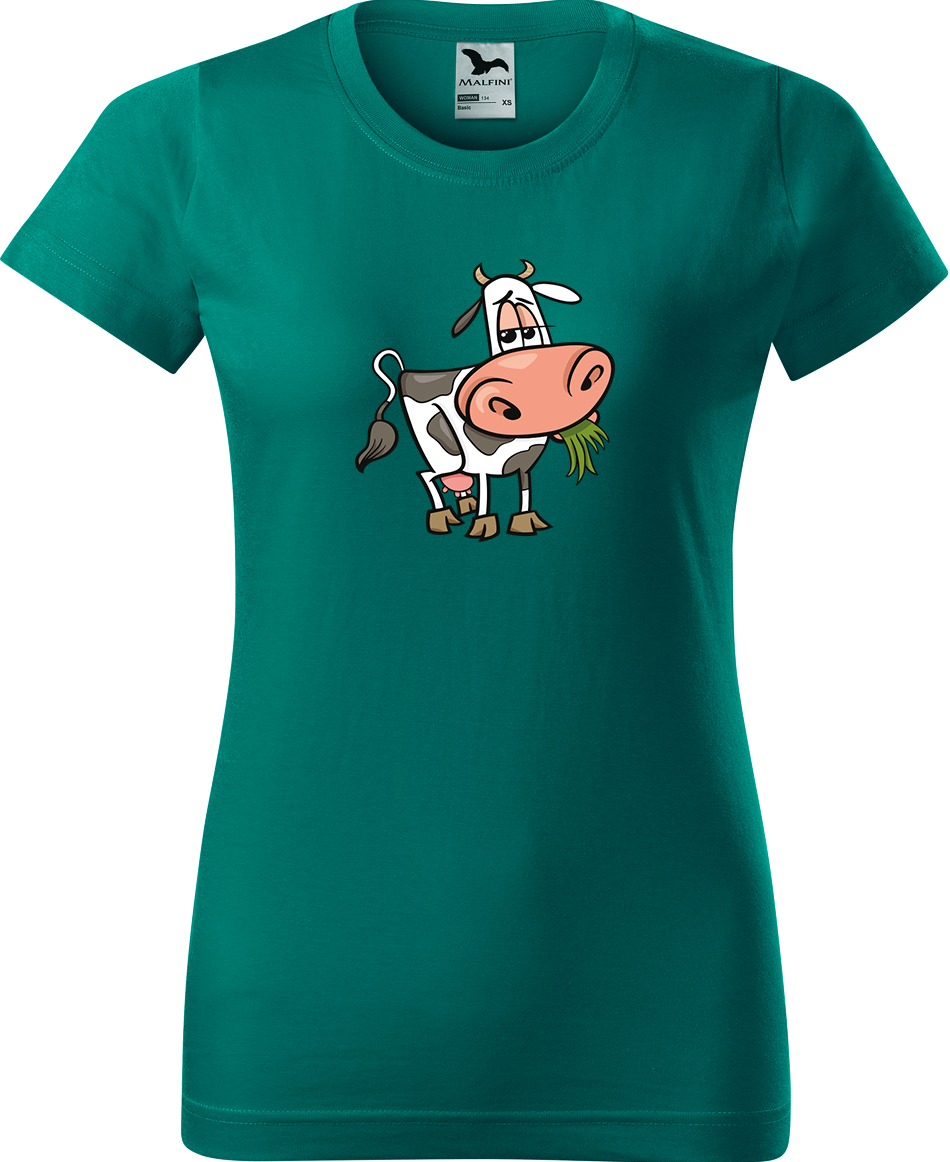 Dámské tričko s krávou - Obrázek spokojené krávy Velikost: M, Barva: Emerald (19), Střih: dámský