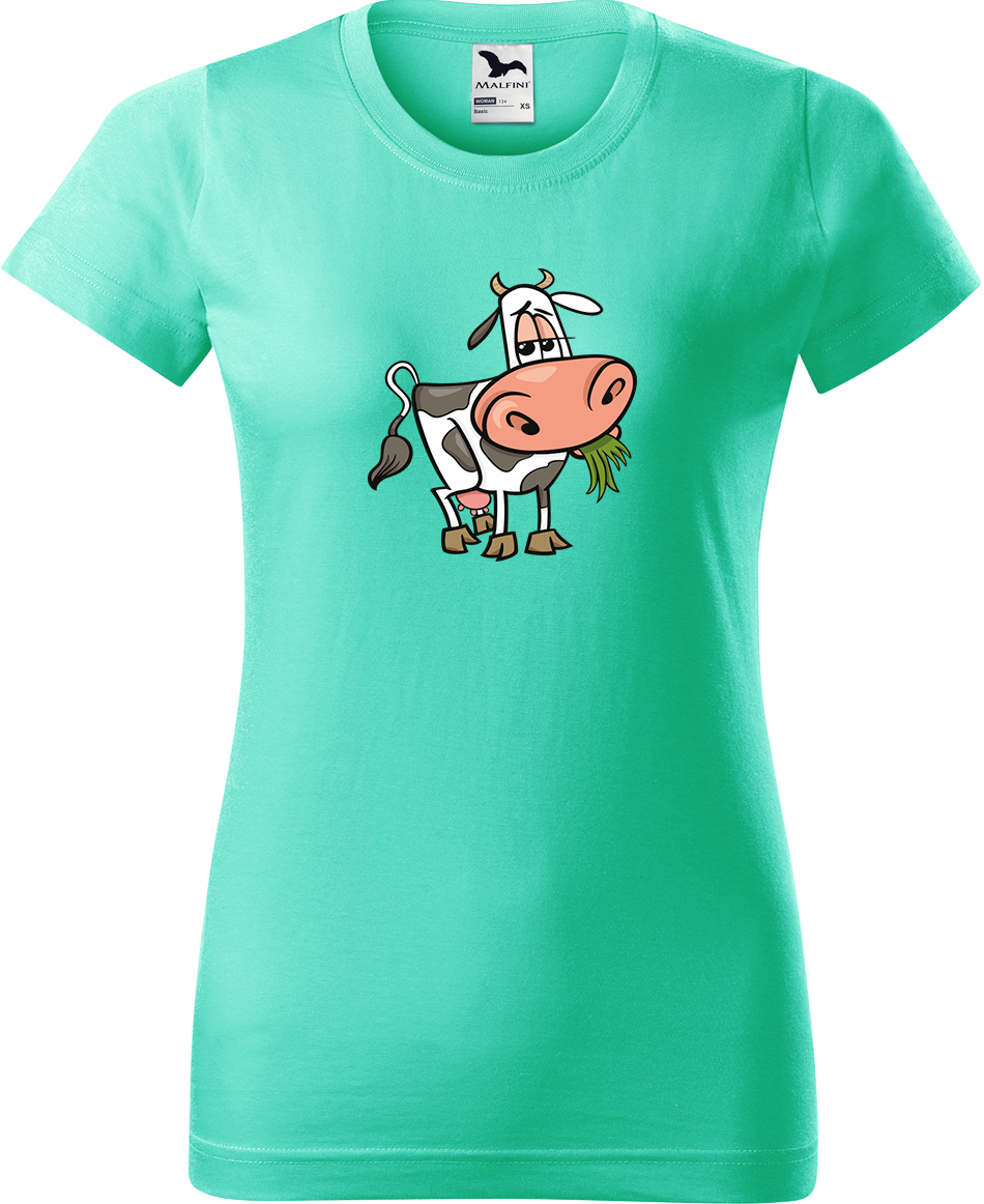 Dámské tričko s krávou - Obrázek spokojené krávy Velikost: S, Barva: Mátová (95), Střih: dámský