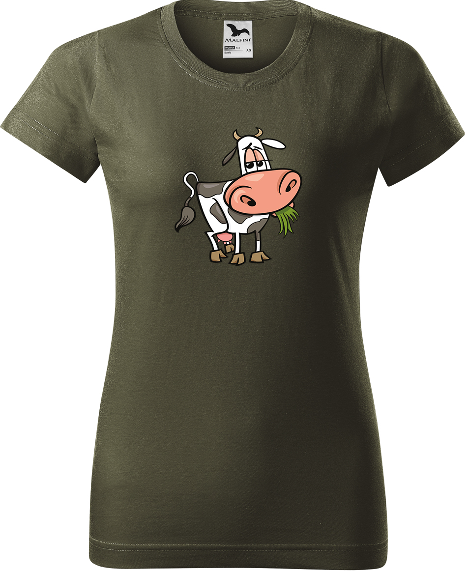 Dámské tričko s krávou - Obrázek spokojené krávy Velikost: M, Barva: Military (69), Střih: dámský