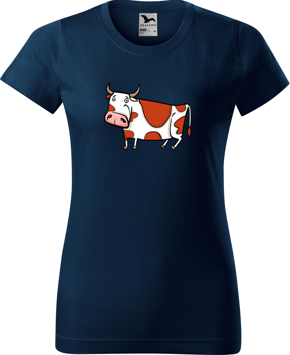 Dámské tričko s krávou - Obrázek stylizované krávy Velikost: L, Barva: Námořní modrá (02), Střih: dámský