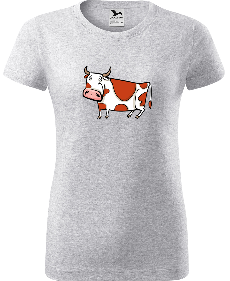Dámské tričko s krávou - Obrázek stylizované krávy Velikost: XL, Barva: Světle šedý melír (03), Střih: dámský