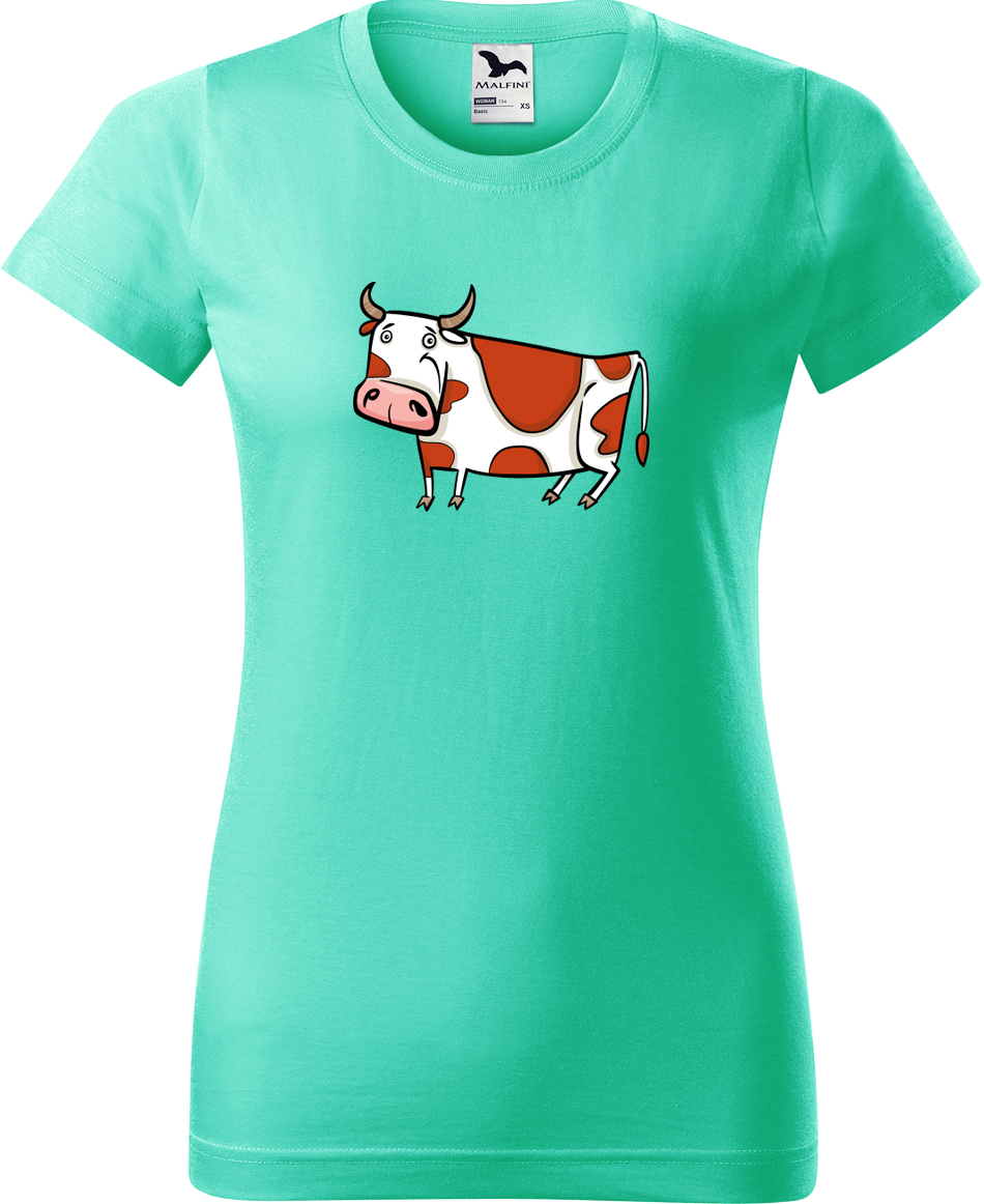 Dámské tričko s krávou - Obrázek stylizované krávy Velikost: M, Barva: Mátová (95), Střih: dámský