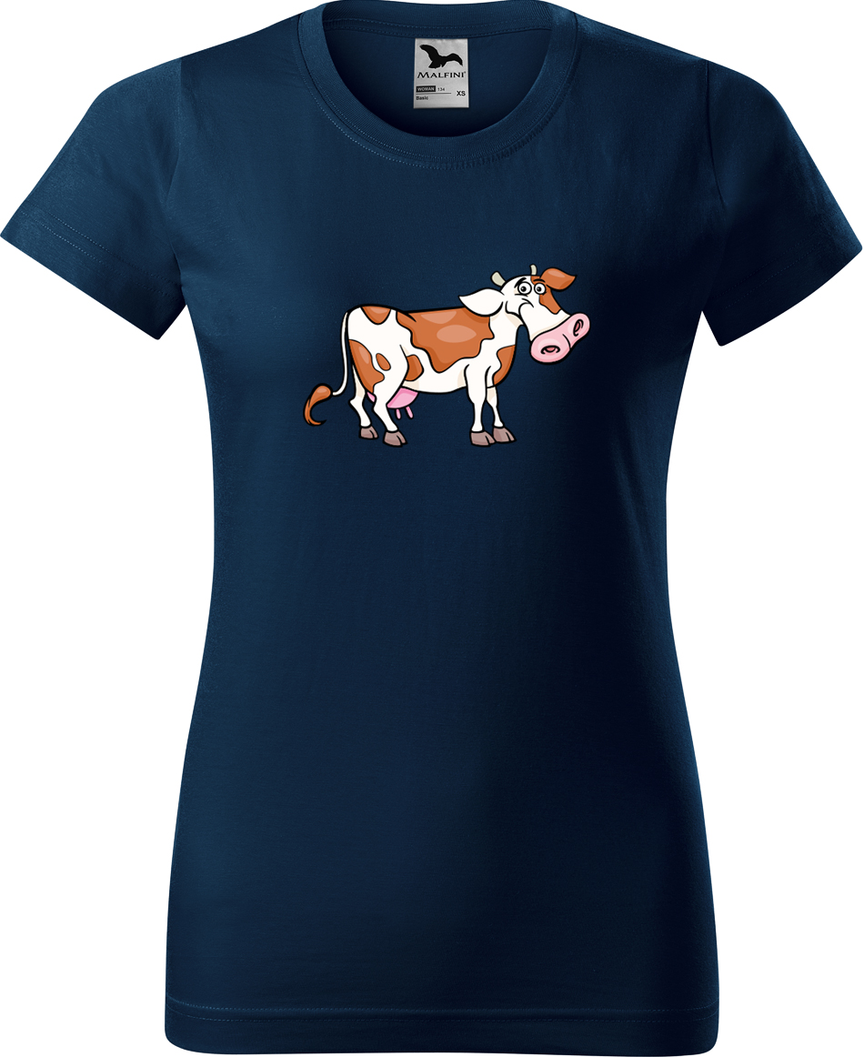 Dámské tričko s krávou - Obrázek veselé krávy Velikost: M, Barva: Námořní modrá (02), Střih: dámský