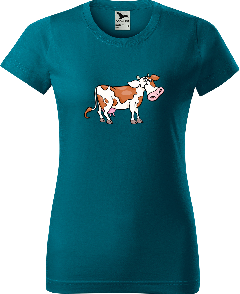 Dámské tričko s krávou - Obrázek veselé krávy Velikost: S, Barva: Petrolejová (93), Střih: dámský