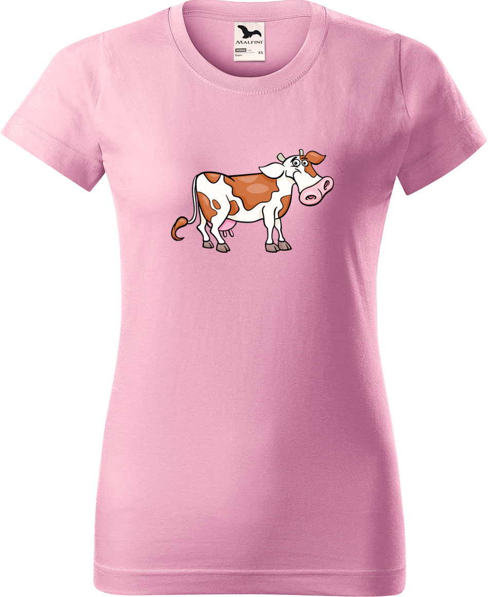 Dámské tričko s krávou - Obrázek veselé krávy Velikost: XL, Barva: Růžová (30), Střih: dámský