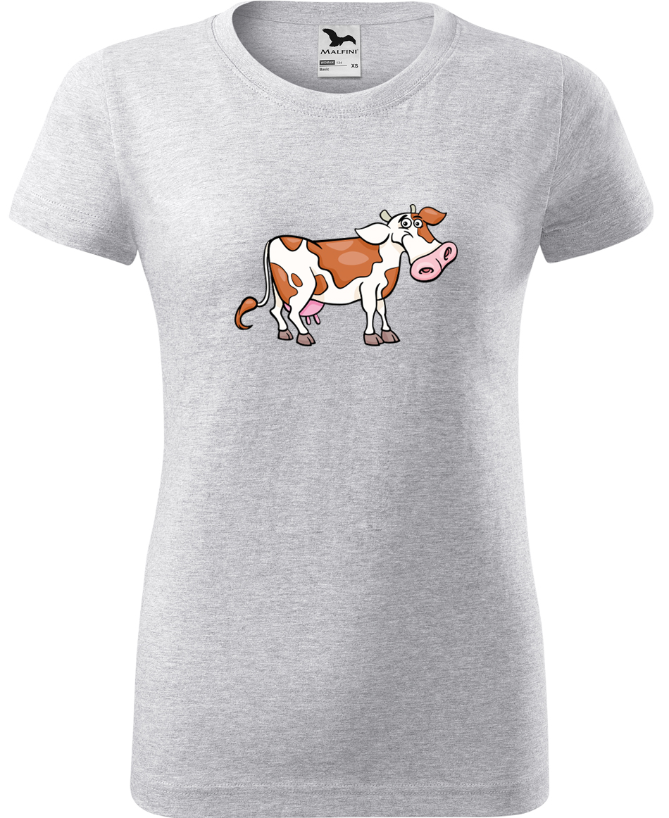 Dámské tričko s krávou - Obrázek veselé krávy Velikost: M, Barva: Světle šedý melír (03), Střih: dámský