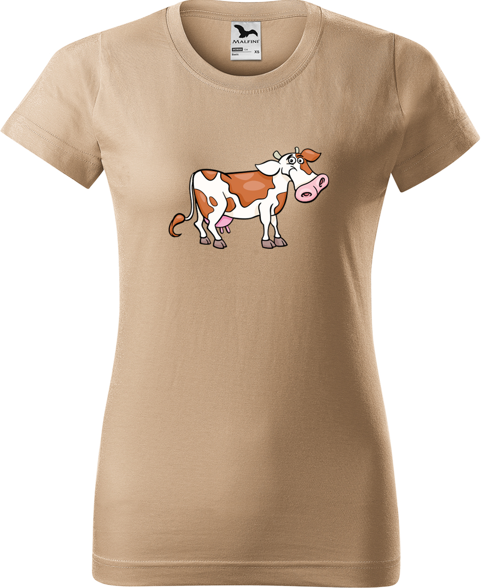 Dámské tričko s krávou - Obrázek veselé krávy Velikost: M, Barva: Béžová (51), Střih: dámský