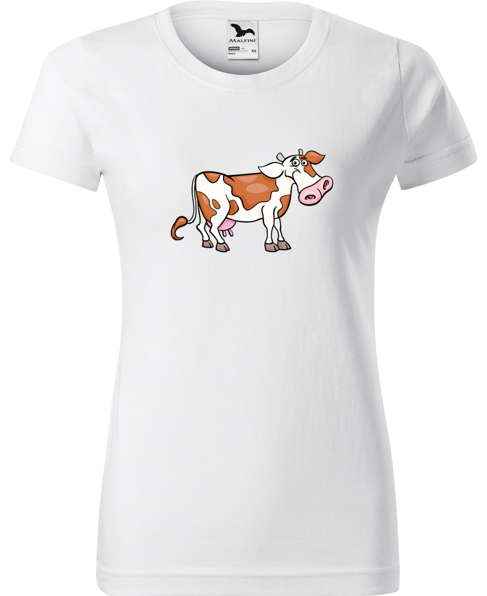 Dámské tričko s krávou - Obrázek veselé krávy Velikost: XL, Barva: Bílá (00), Střih: dámský