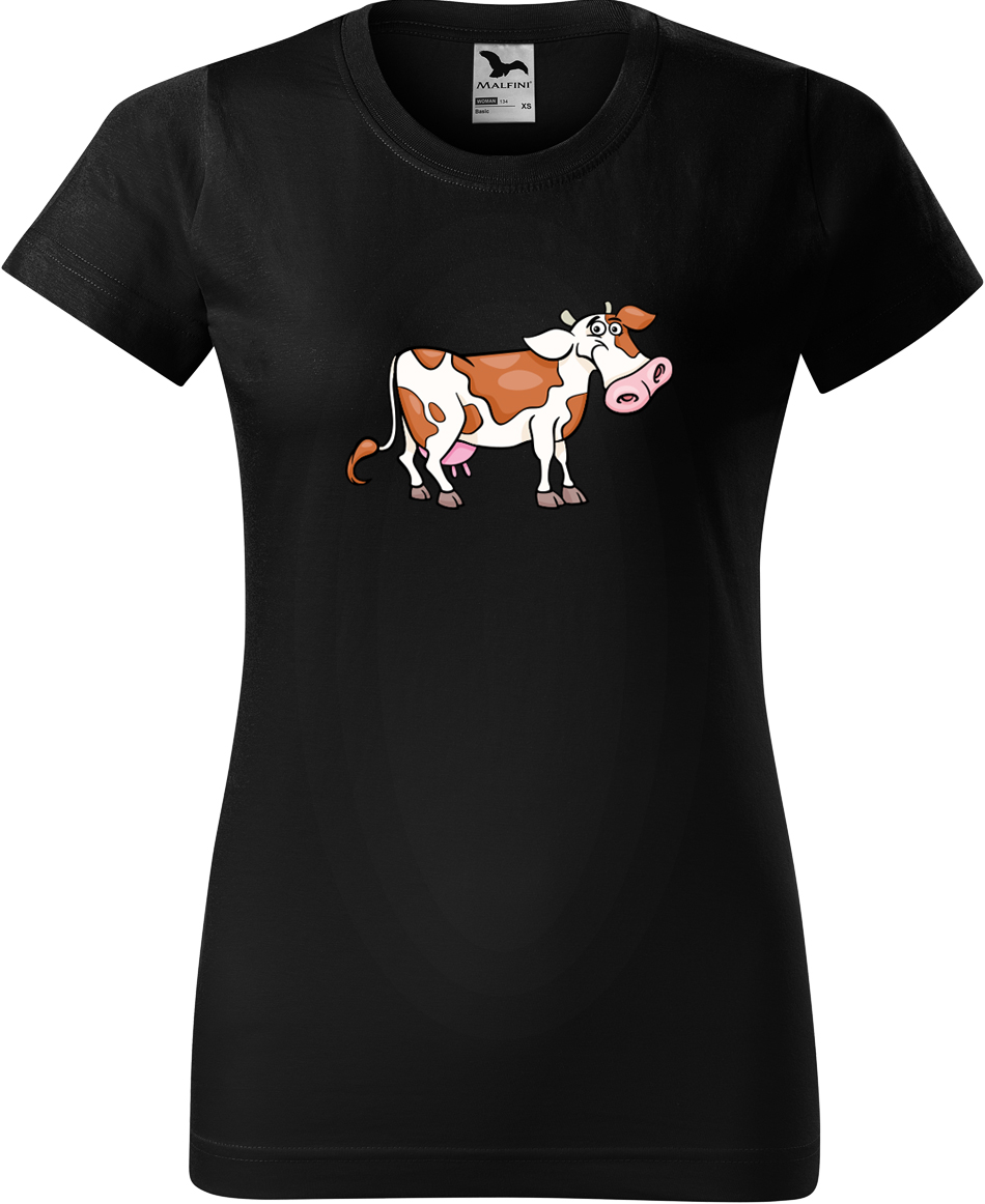 Dámské tričko s krávou - Obrázek veselé krávy Velikost: M, Barva: Černá (01), Střih: dámský
