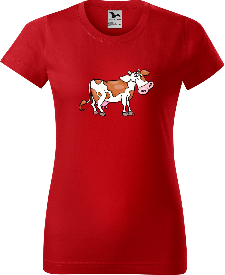 Dámské tričko s krávou - Obrázek veselé krávy Velikost: S, Barva: Červená (07), Střih: dámský