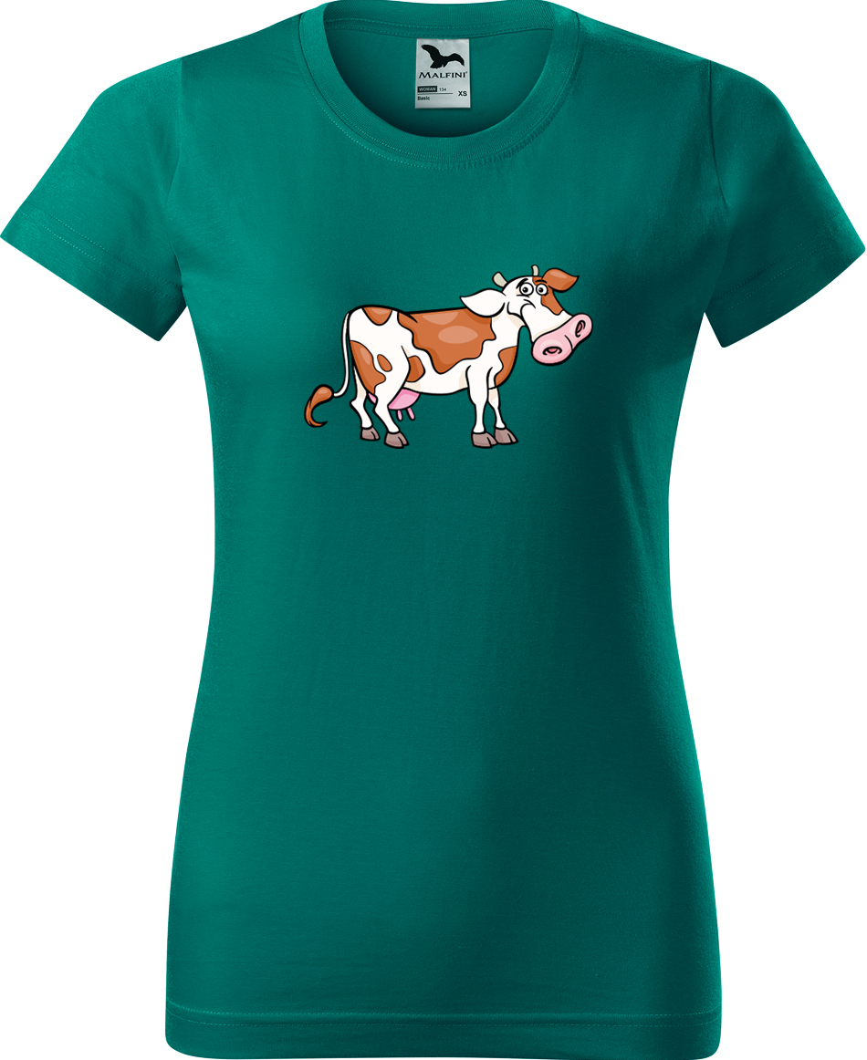 Dámské tričko s krávou - Obrázek veselé krávy Velikost: M, Barva: Emerald (19), Střih: dámský
