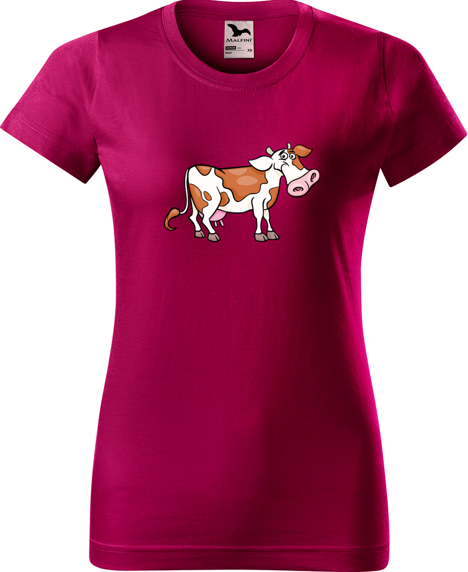 Dámské tričko s krávou - Obrázek veselé krávy Velikost: S, Barva: Fuchsia red (49), Střih: dámský
