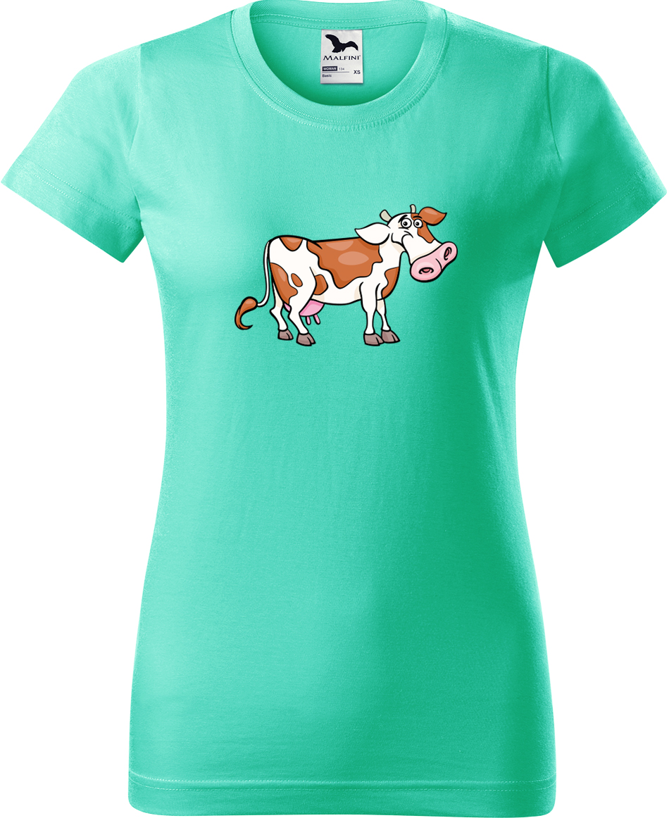 Dámské tričko s krávou - Obrázek veselé krávy Velikost: M, Barva: Mátová (95), Střih: dámský