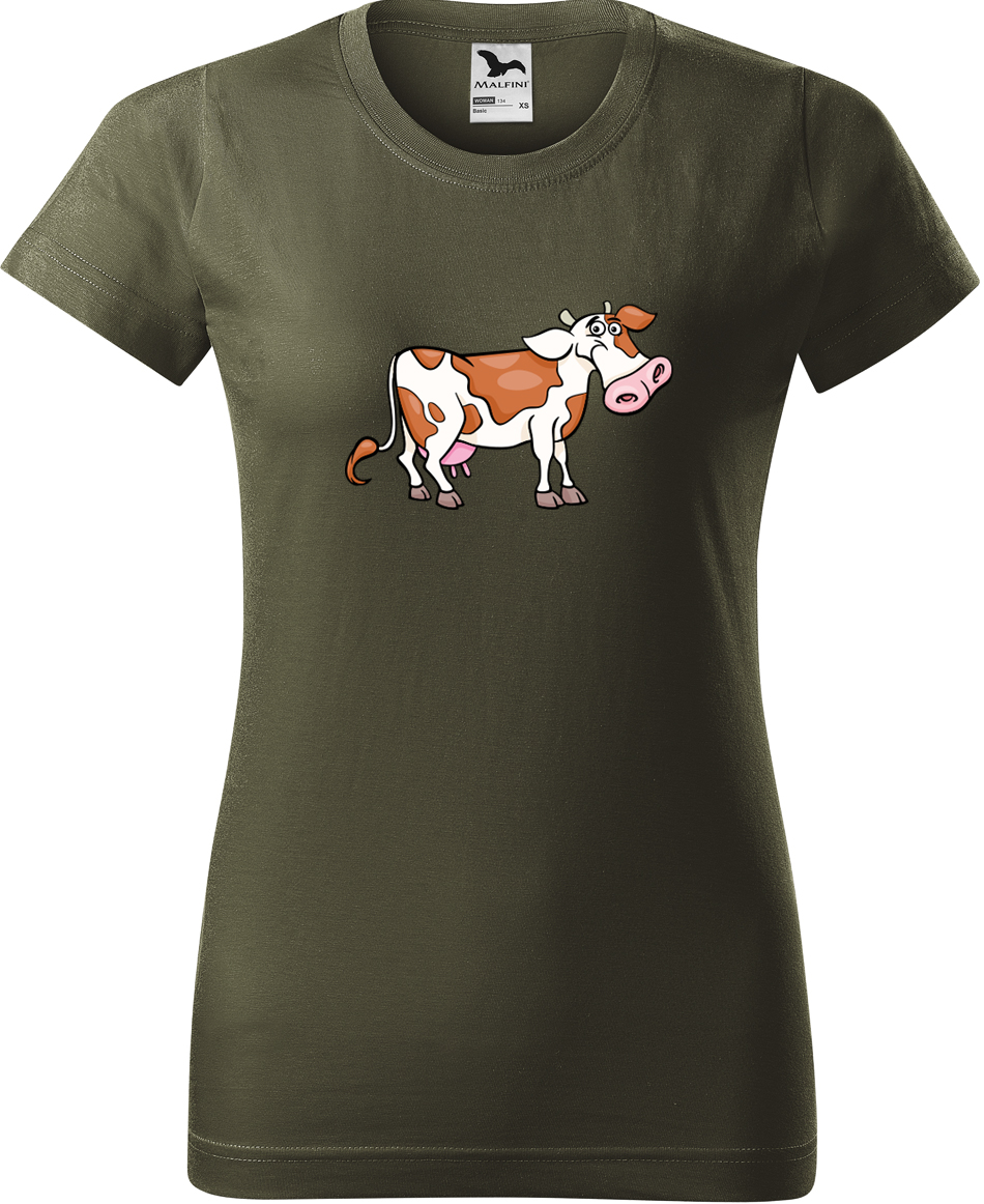 Dámské tričko s krávou - Obrázek veselé krávy Velikost: L, Barva: Military (69), Střih: dámský