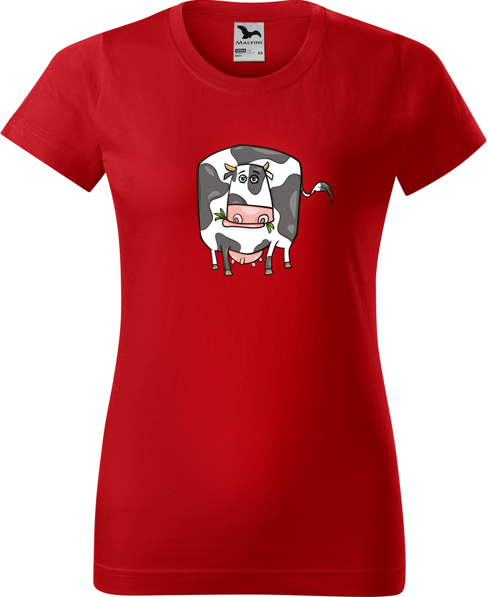 Dámské tričko s krávou - Obrázek vtipné krávy Velikost: XL, Barva: Červená (07), Střih: dámský