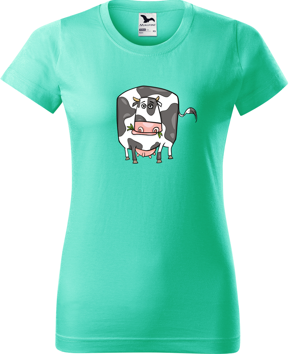 Dámské tričko s krávou - Obrázek vtipné krávy Velikost: L, Barva: Mátová (95), Střih: dámský