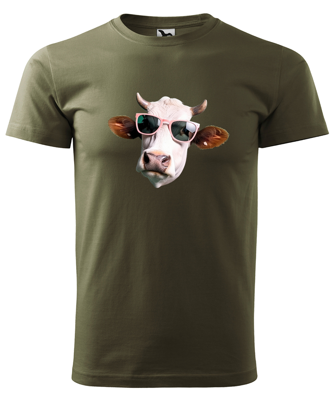 Dětské tričko s krávou - Kráva v brýlích Velikost: 8 let / 134 cm, Barva: Military (69), Délka rukávu: Krátký rukáv