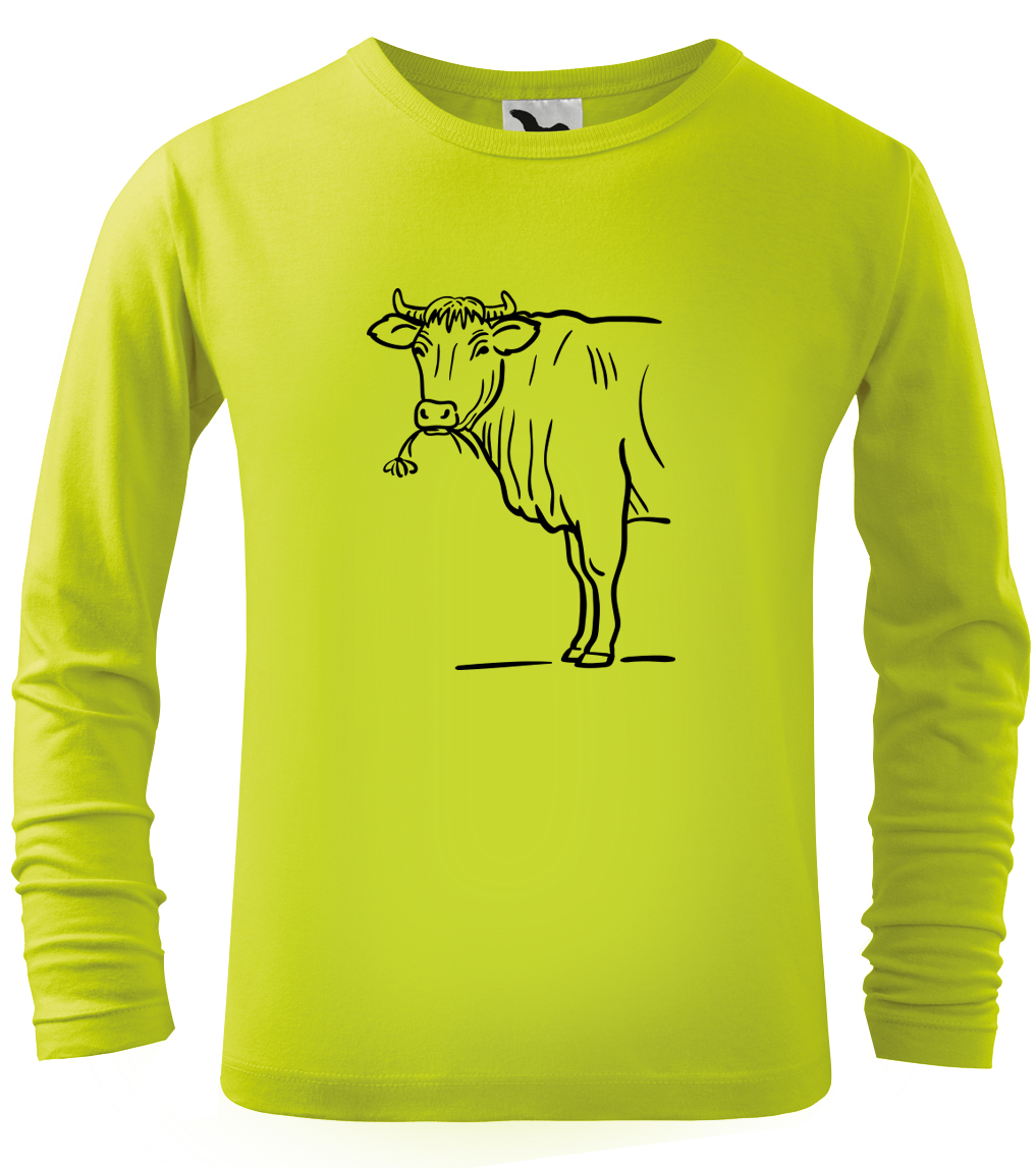 Dětské tričko s krávou - Býk (dlouhý rukáv) Velikost: 10 let / 146 cm, Barva: Limetková (62), Délka rukávu: Dlouhý rukáv