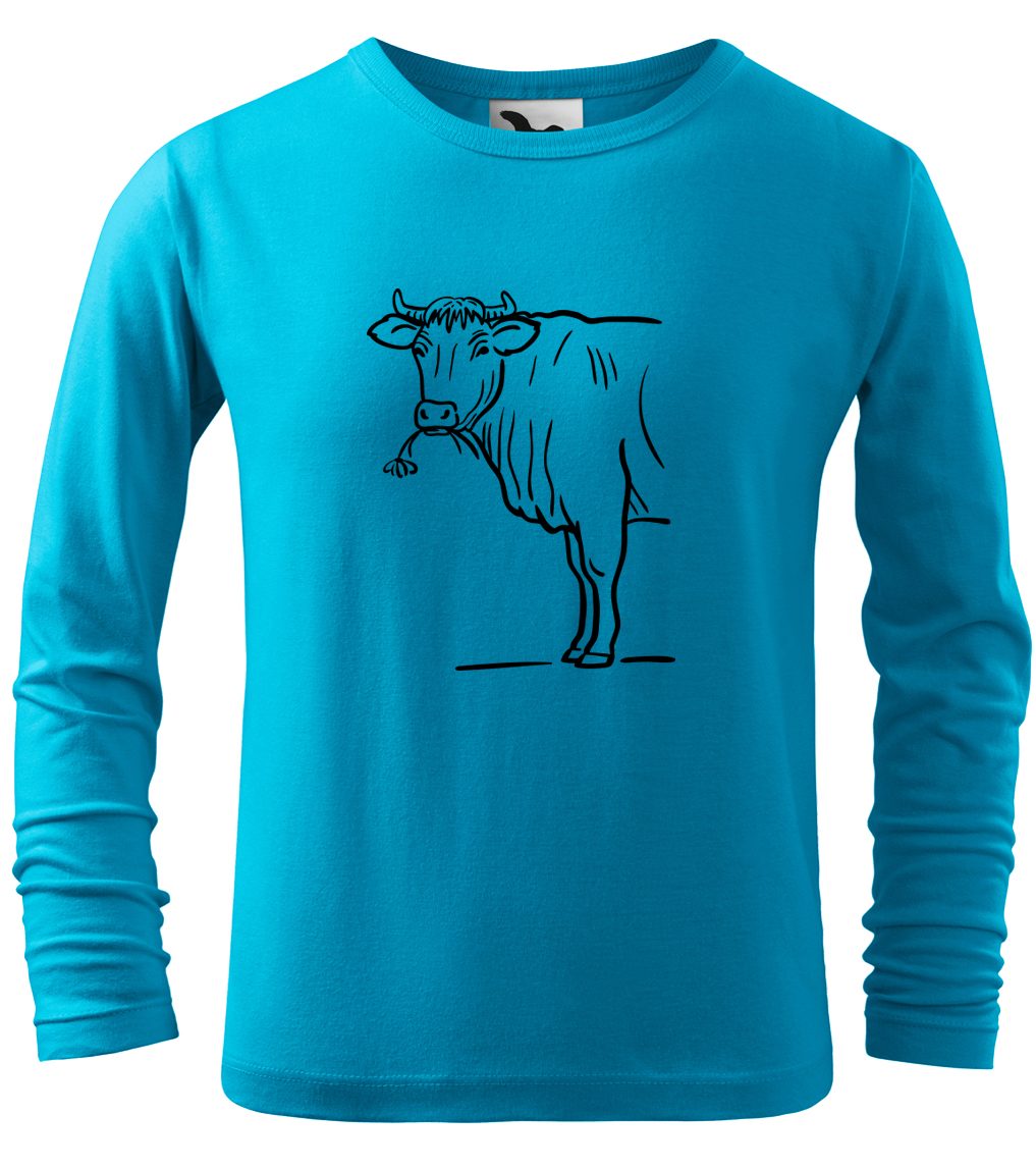 Dětské tričko s krávou - Býk (dlouhý rukáv) Velikost: 10 let / 146 cm, Barva: Tyrkysová (44), Délka rukávu: Dlouhý rukáv
