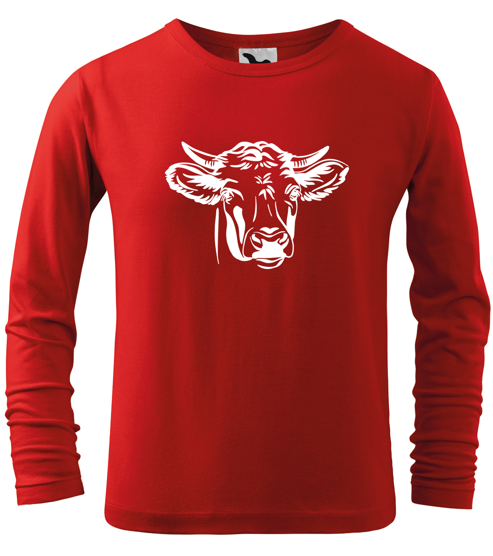 Dětské tričko s krávou - Hlava krávy (dlouhý rukáv) Velikost: 12 let / 158 cm, Barva: Červená (07), Délka rukávu: Dlouhý rukáv
