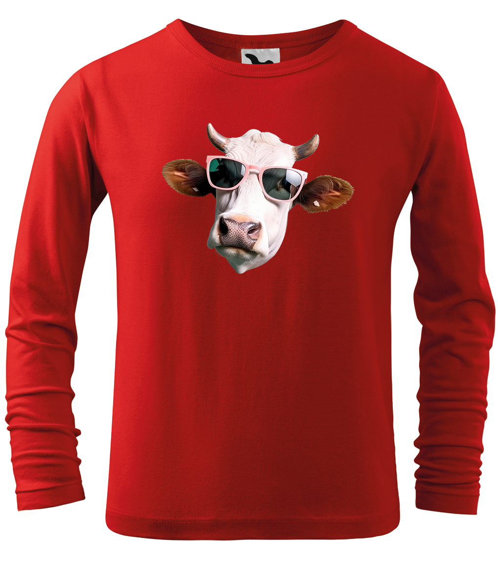 Dětské tričko s krávou - Kráva v brýlích (dlouhý rukáv) Velikost: 12 let / 158 cm, Barva: Červená (07), Délka rukávu: Dlouhý rukáv