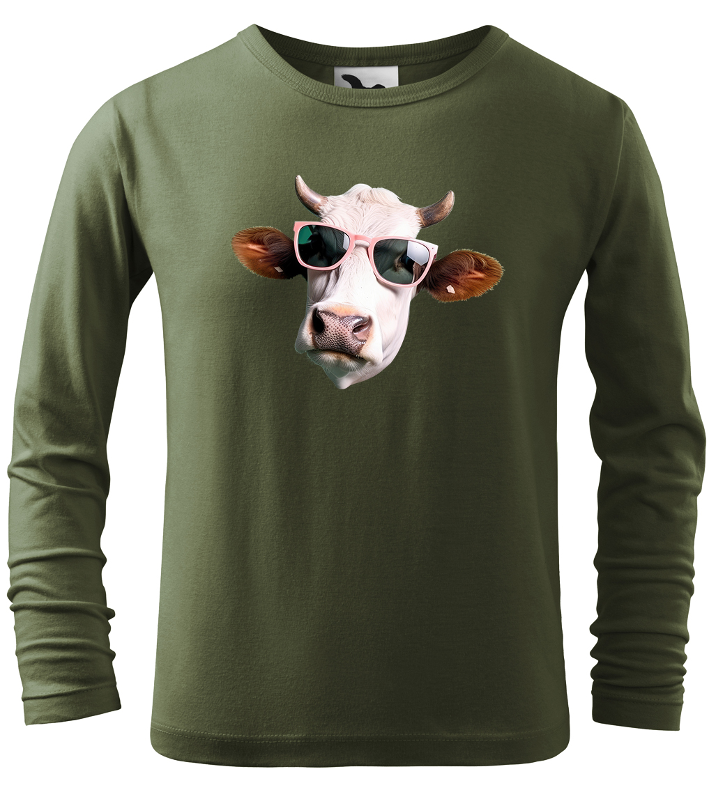 Dětské tričko s krávou - Kráva v brýlích (dlouhý rukáv) Velikost: 4 roky / 110 cm, Barva: Khaki (09), Délka rukávu: Dlouhý rukáv