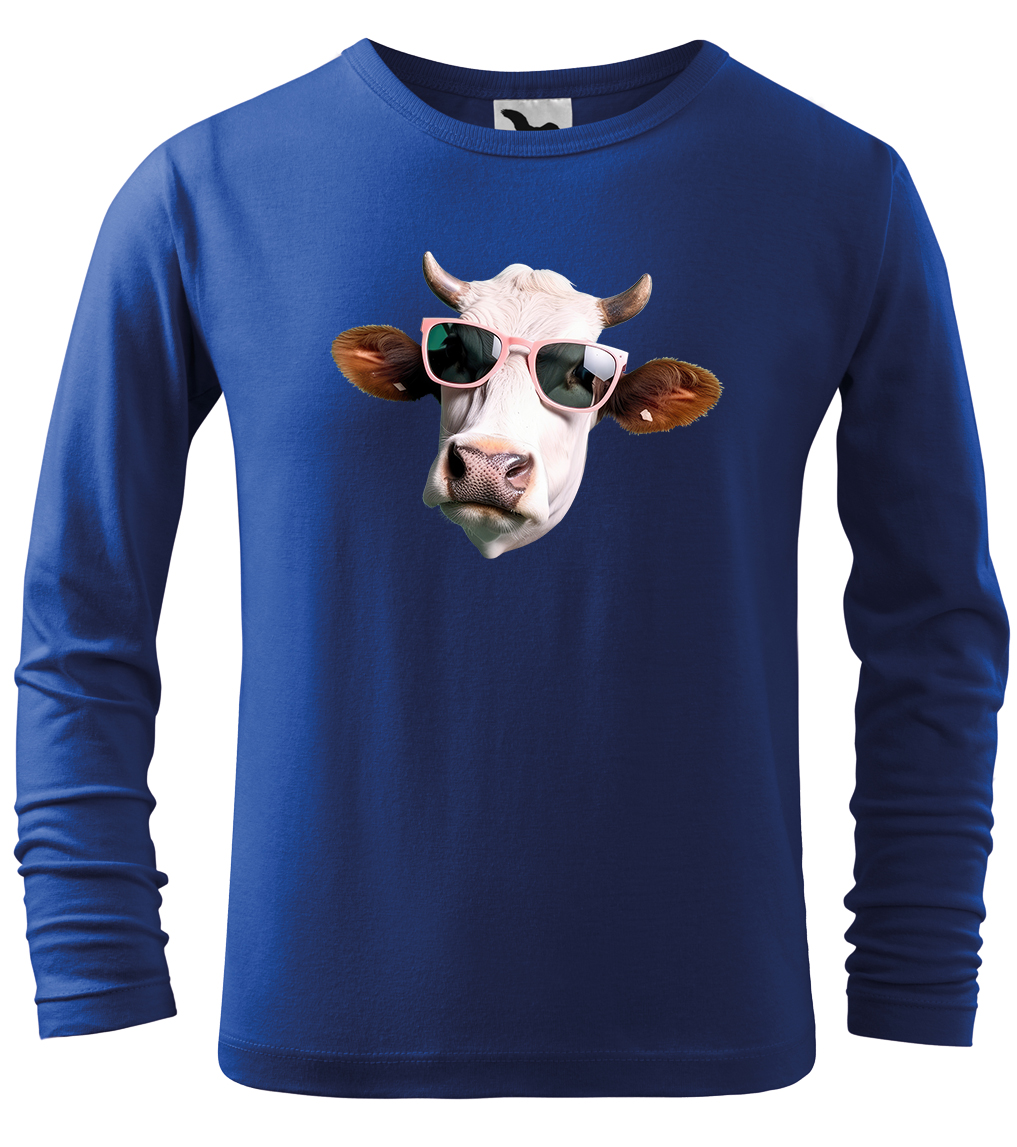 Dětské tričko s krávou - Kráva v brýlích (dlouhý rukáv) Velikost: 4 roky / 110 cm, Barva: Královská modrá (05), Délka rukávu: Dlouhý rukáv
