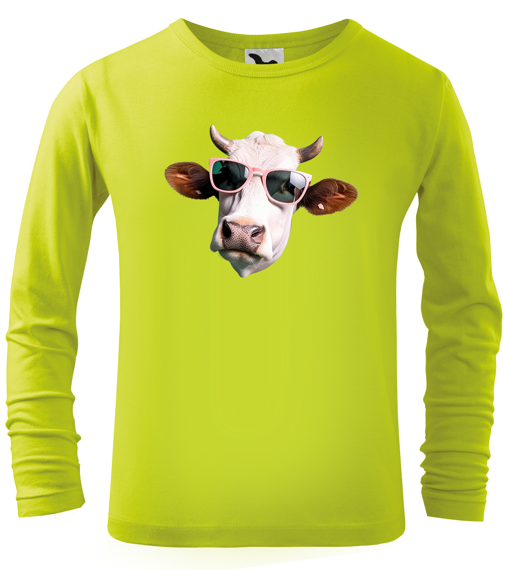 Dětské tričko s krávou - Kráva v brýlích (dlouhý rukáv) Velikost: 4 roky / 110 cm, Barva: Limetková (62), Délka rukávu: Dlouhý rukáv