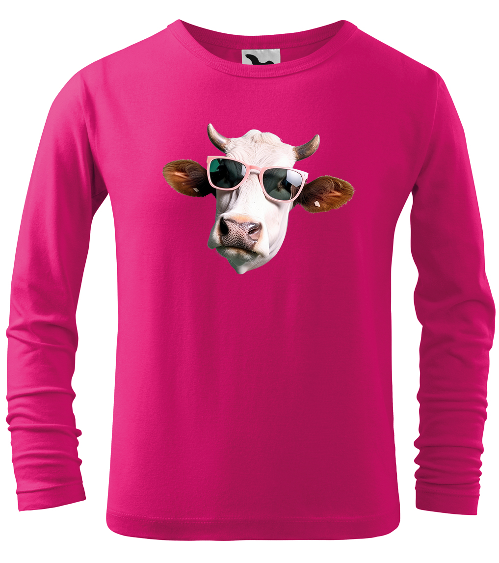 Dětské tričko s krávou - Kráva v brýlích (dlouhý rukáv) Velikost: 4 roky / 110 cm, Barva: Malinová (63), Délka rukávu: Dlouhý rukáv