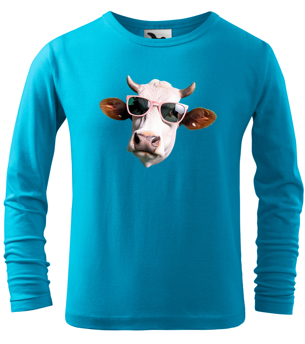 Dětské tričko s krávou - Kráva v brýlích (dlouhý rukáv) Velikost: 4 roky / 110 cm, Barva: Tyrkysová (44), Délka rukávu: Dlouhý rukáv