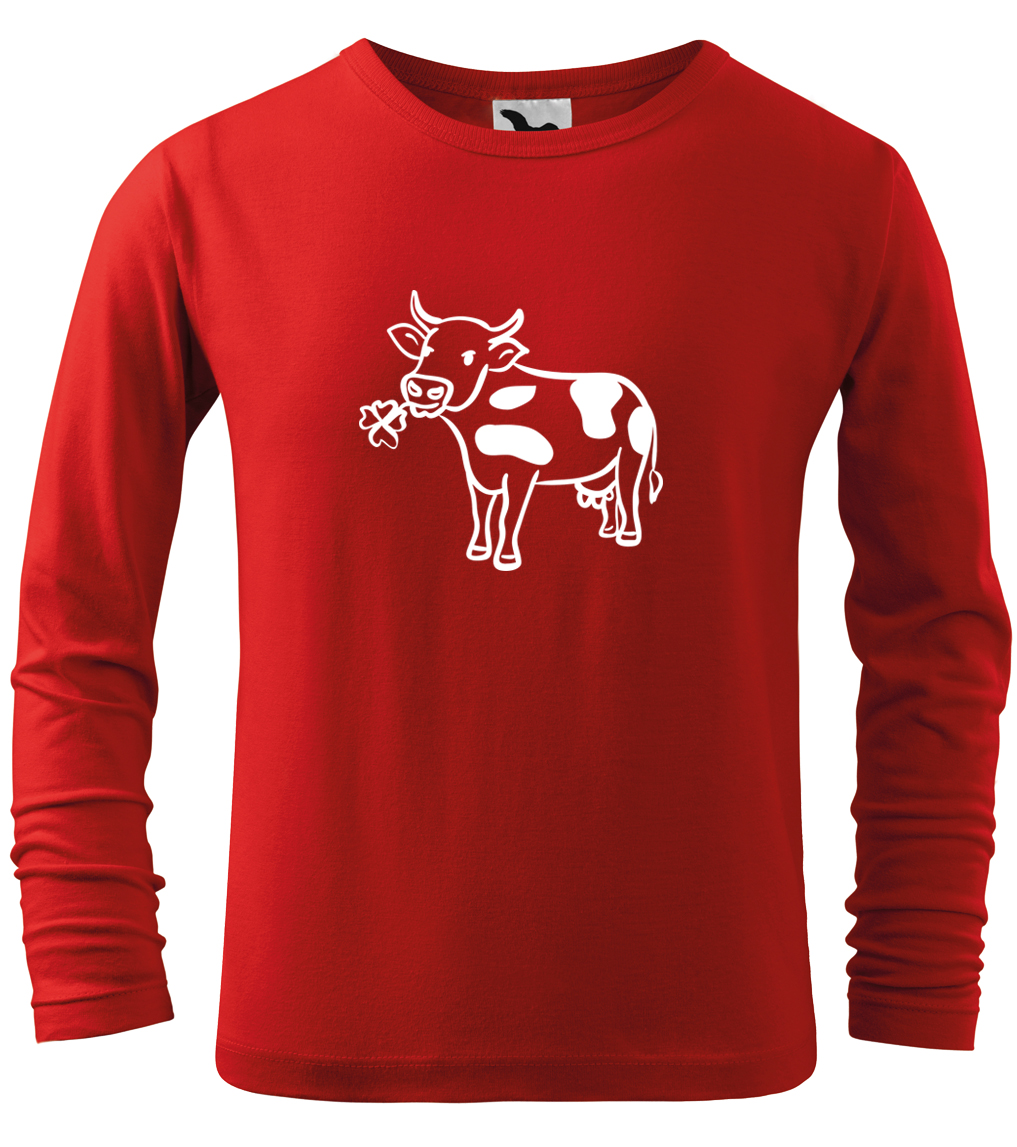 Dětské tričko s krávou - Kravička a jetel (dlouhý rukáv) Velikost: 12 let / 158 cm, Barva: Červená (07), Délka rukávu: Dlouhý rukáv