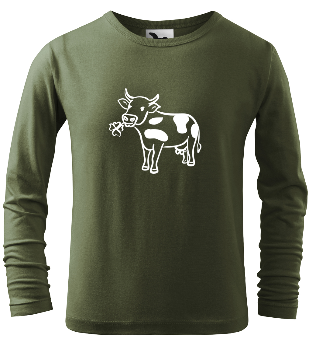 Dětské tričko s krávou - Kravička a jetel (dlouhý rukáv) Velikost: 6 let / 122 cm, Barva: Khaki (09), Délka rukávu: Dlouhý rukáv