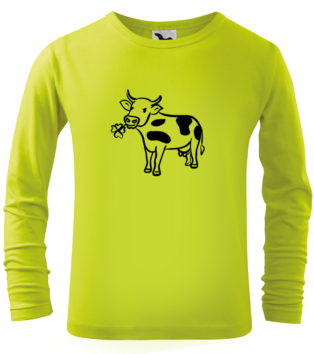 Dětské tričko s krávou - Kravička a jetel (dlouhý rukáv) Velikost: 6 let / 122 cm, Barva: Limetková (62), Délka rukávu: Dlouhý rukáv