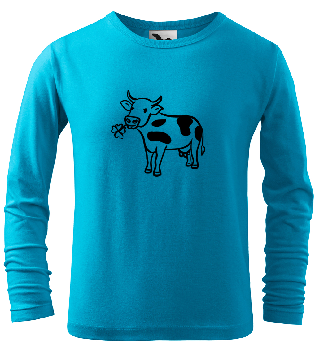 Dětské tričko s krávou - Kravička a jetel (dlouhý rukáv) Velikost: 4 roky / 110 cm, Barva: Tyrkysová (44), Délka rukávu: Dlouhý rukáv