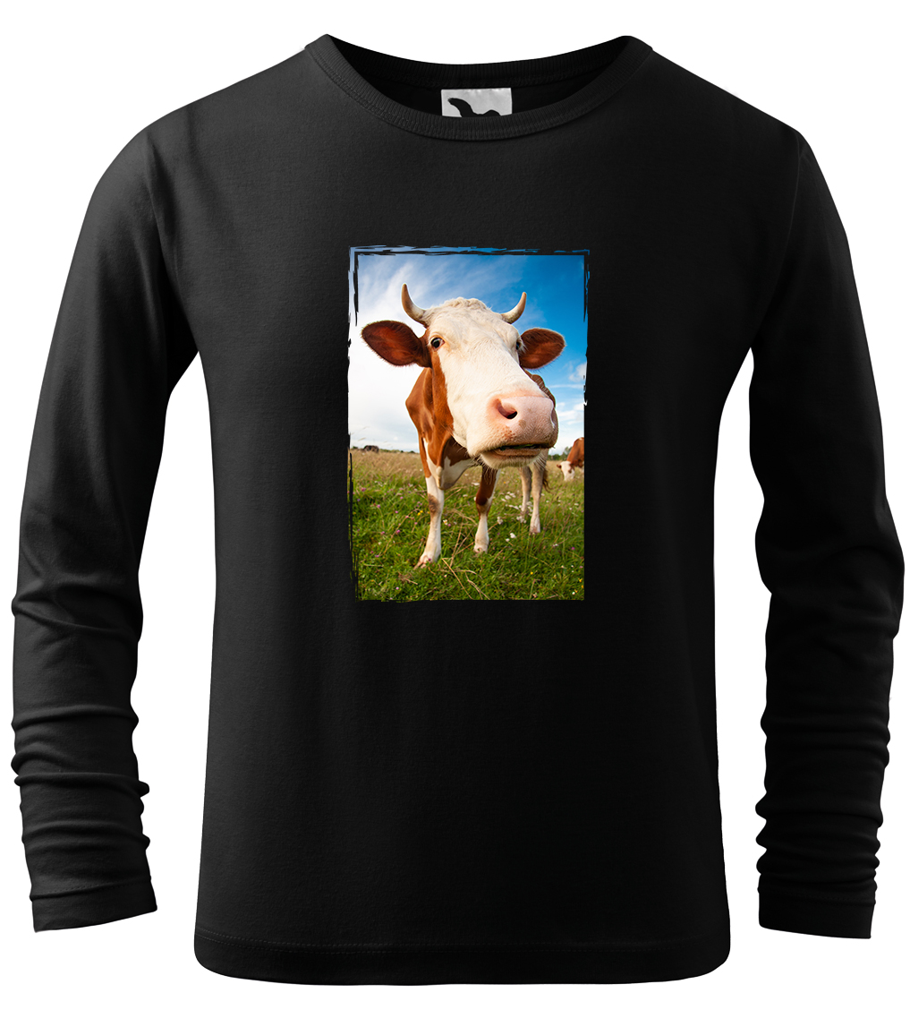 Dětské tričko s krávou - Na pastvě (dlouhý rukáv) Velikost: 4 roky / 110 cm, Barva: Černá (01), Délka rukávu: Dlouhý rukáv