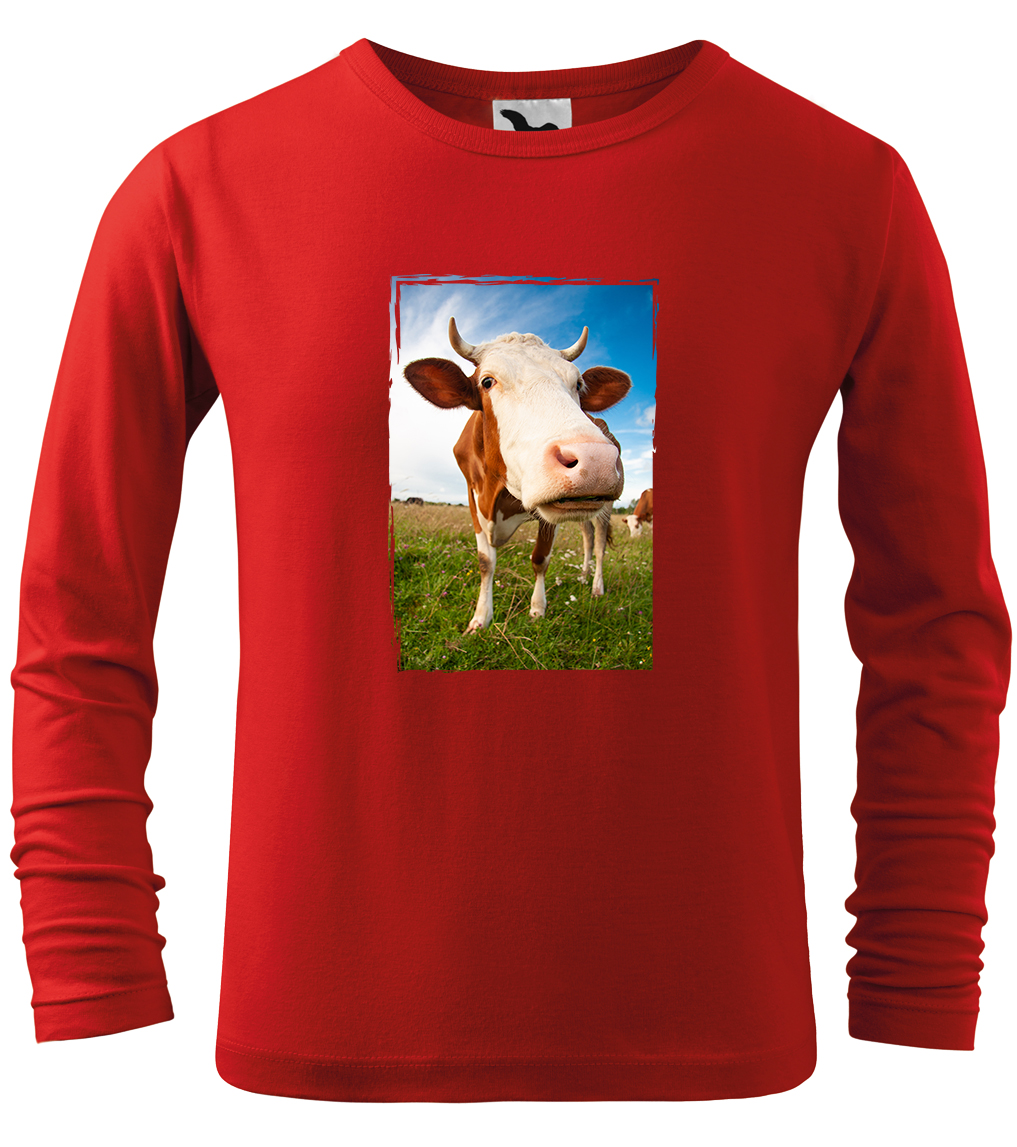 Dětské tričko s krávou - Na pastvě (dlouhý rukáv) Velikost: 12 let / 158 cm, Barva: Červená (07), Délka rukávu: Dlouhý rukáv