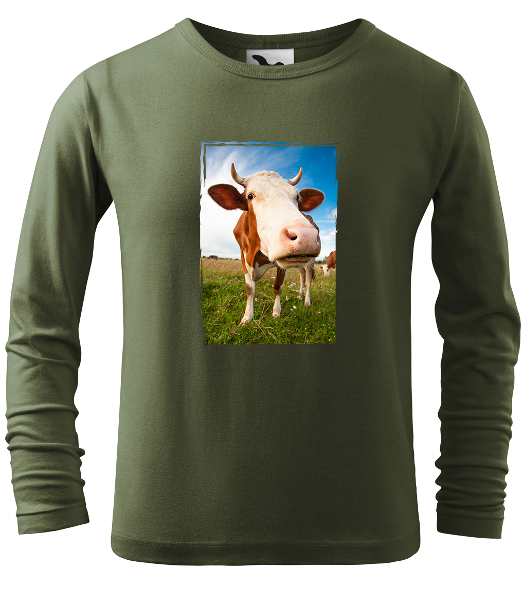 Dětské tričko s krávou - Na pastvě (dlouhý rukáv) Velikost: 4 roky / 110 cm, Barva: Khaki (09), Délka rukávu: Dlouhý rukáv