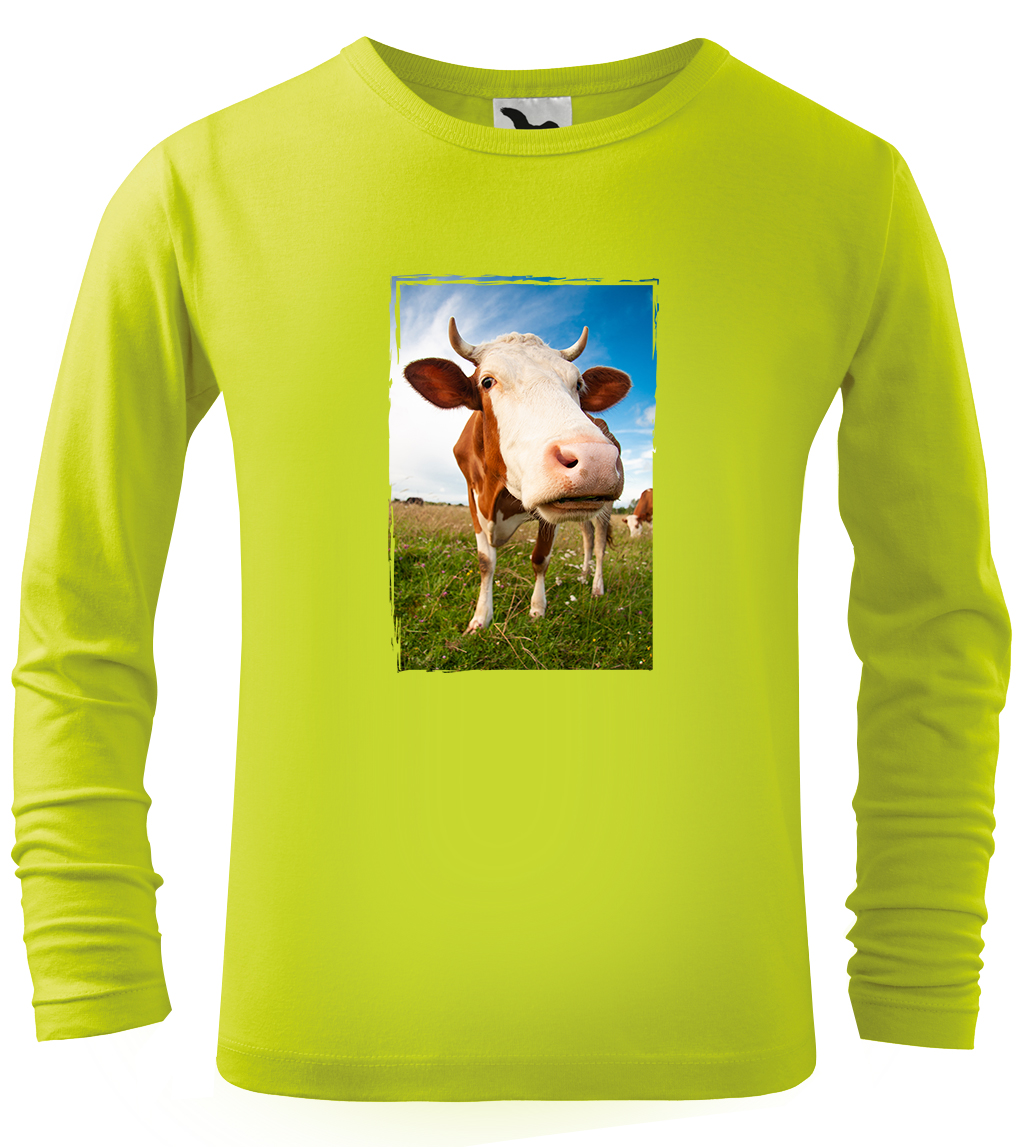 Dětské tričko s krávou - Na pastvě (dlouhý rukáv) Velikost: 4 roky / 110 cm, Barva: Limetková (62), Délka rukávu: Dlouhý rukáv