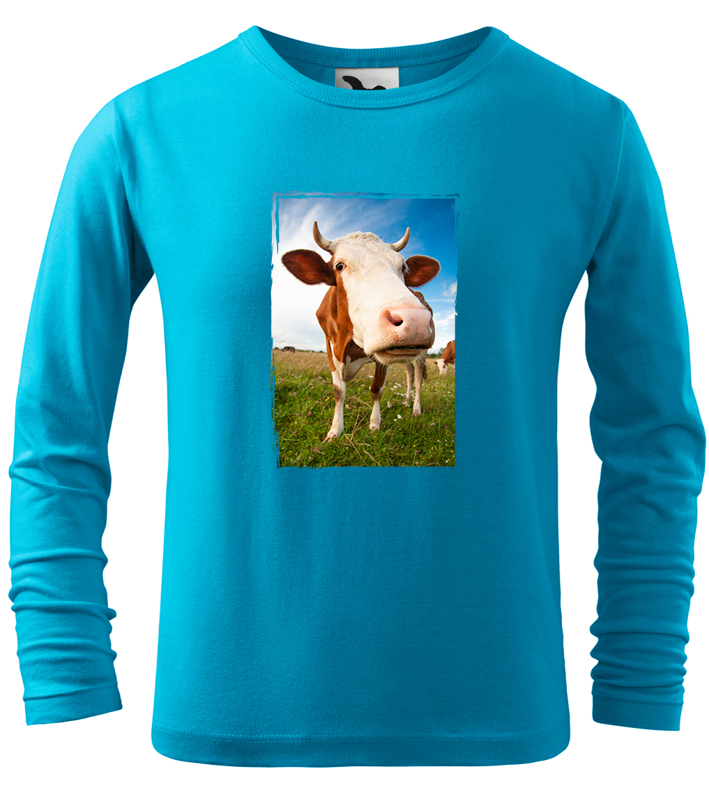 Dětské tričko s krávou - Na pastvě (dlouhý rukáv) Velikost: 4 roky / 110 cm, Barva: Tyrkysová (44), Délka rukávu: Dlouhý rukáv