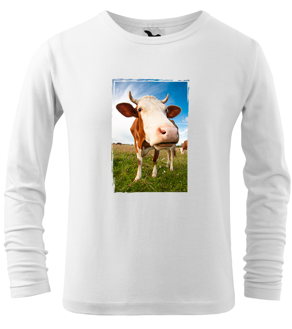 Dětské tričko s krávou - Na pastvě (dlouhý rukáv) Velikost: 10 let / 146 cm, Barva: Bílá (00), Délka rukávu: Dlouhý rukáv