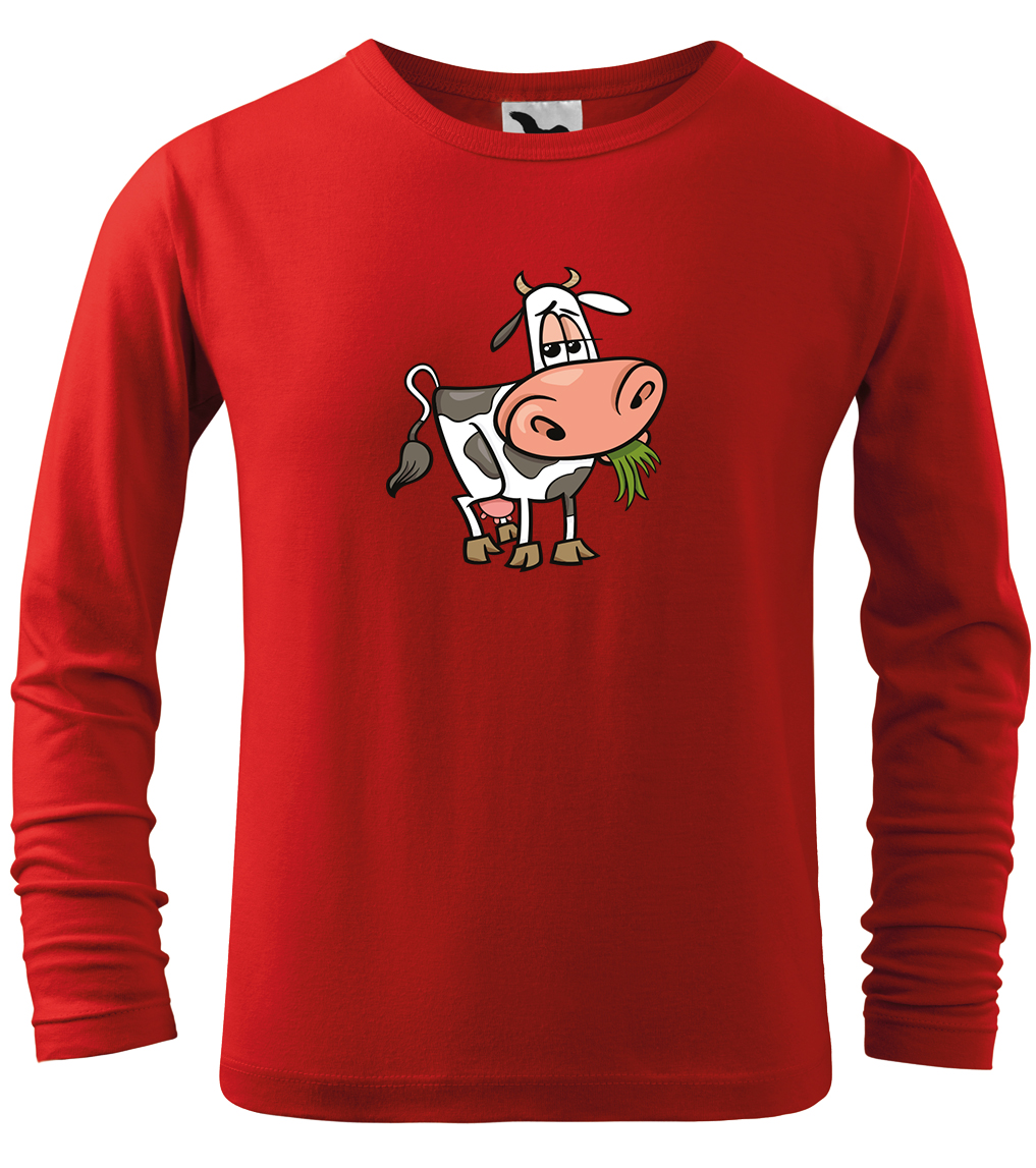Dětské tričko s krávou - Obrázek spokojené krávy (dlouhý rukáv) Velikost: 6 let / 122 cm, Barva: Červená (07), Délka rukávu: Dlouhý rukáv