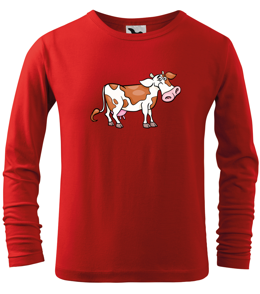 Dětské tričko s krávou - Obrázek veselé krávy (dlouhý rukáv) Velikost: 6 let / 122 cm, Barva: Červená (07), Délka rukávu: Dlouhý rukáv