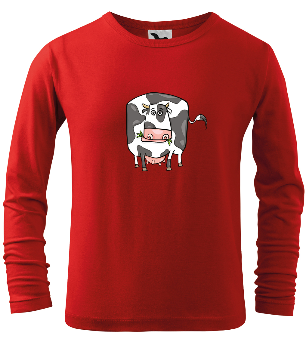 Dětské tričko s krávou - Obrázek vtipné krávy (dlouhý rukáv) Velikost: 12 let / 158 cm, Barva: Červená (07), Délka rukávu: Dlouhý rukáv