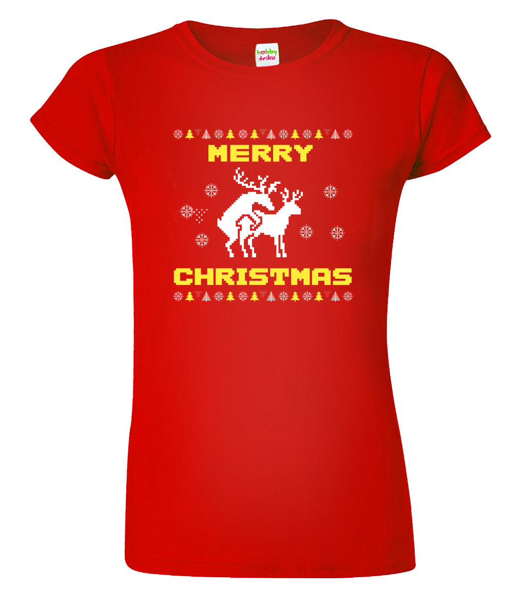 Dámské vánoční tričko se soby - Merry Christmas (SLEVA) Velikost: XL, Barva: Červená (07)