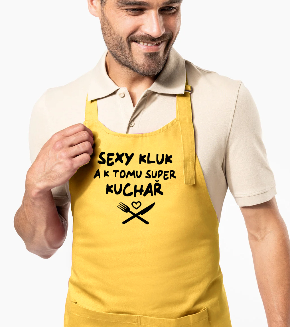 Zástěra pro muže - Sexy kluk a k tomu super kuchař Barva: Hořčicová