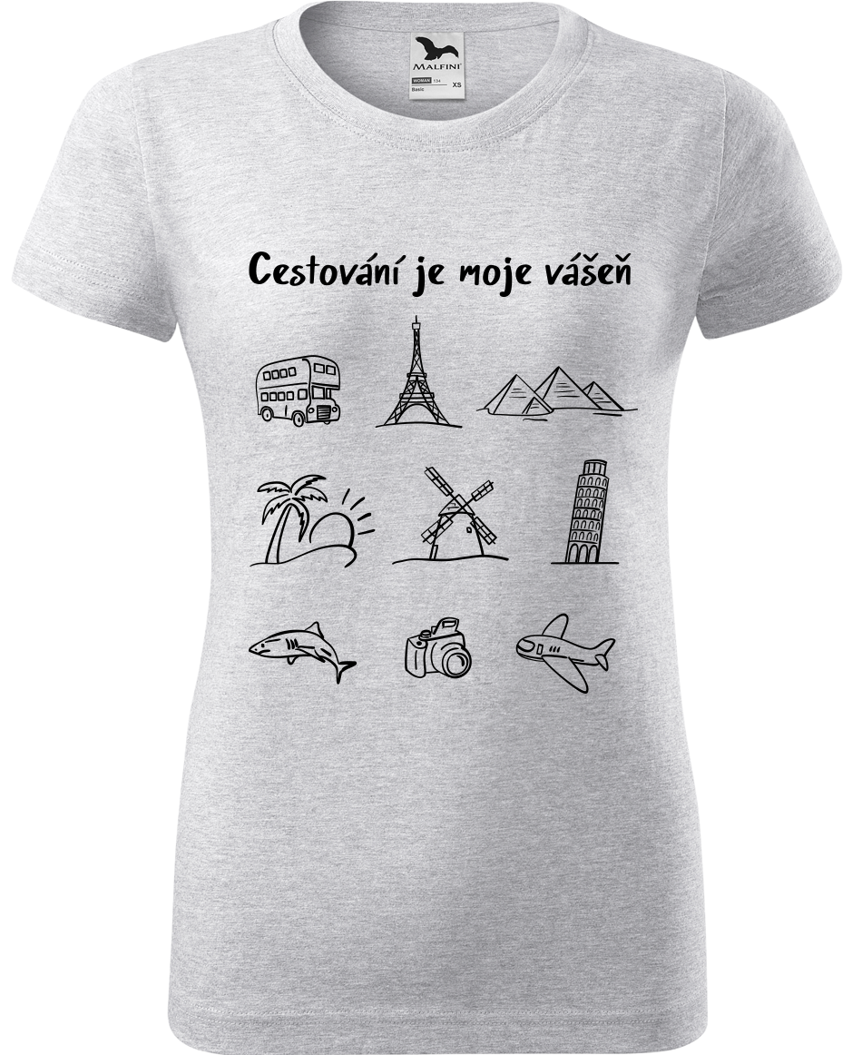 Dámské cestovatelské tričko - Cestování je moje vášeň Velikost: XL, Barva: Světle šedý melír (03)